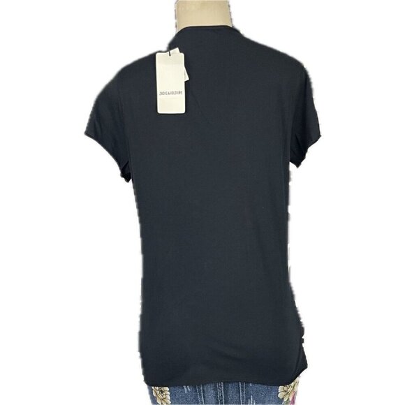 Zadig & Voltaire L Black Skull Metallic Camo Split Neck Cotton Short Sleeve Tee - Picture 4 of 6